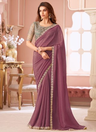 Pink and Rust Patch Border and Lace Work Georgette Classic Sari