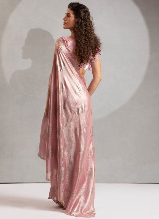 Pink and Rust Satin Silk Trendy Saree with Hand and Zircon Work