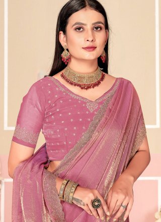 Pink and Rust Satin Silk Zircon Work Trendy Saree