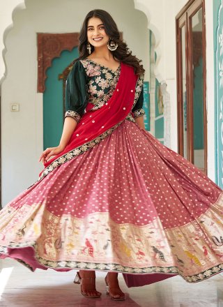 Pink and Rust Shimmer Readymade Lehenga Choli with Weaving and Zari Work