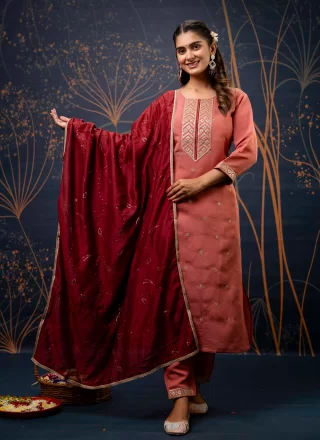 Pink and Rust Silk Blend Embroidered and Zari Work Salwar Suit for Ceremonial