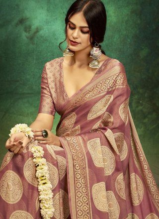 Pink and Rust Silk Jacquard and Print Work Traditional Saree for Ceremonial