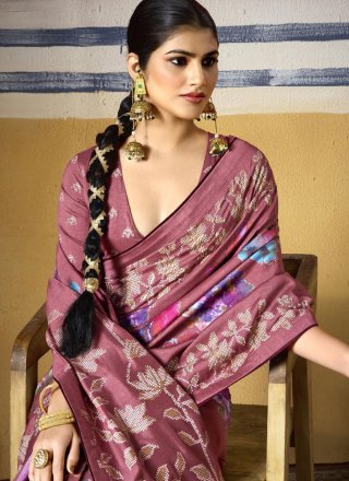 Pink and Rust Silk Print Work Trendy Saree