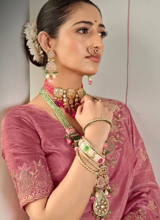 Pink and Rust Silk Trendy Saree with Cut, Embroidered, Stone and Zari Work