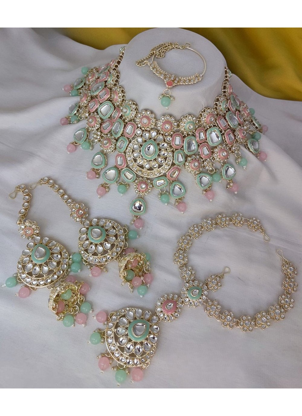 Buy Pink and Sea Green Moti and Stone Work Jewellery Set Online
