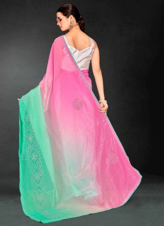 Pink and Turquoise Silk Designer Saree with Swarovski Work