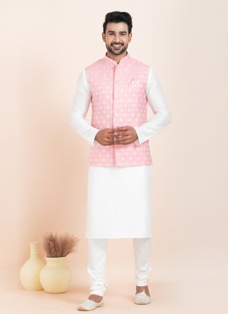 Pink and White Banarasi Silk Kurta Payjama with Jacket