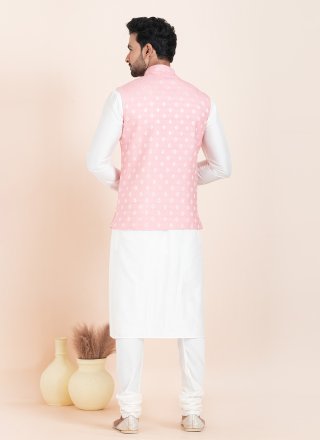 Pink and White Banarasi Silk Kurta Payjama with Jacket with Jacquard Work