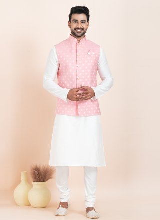 Pink and White Banarasi Silk Kurta Payjama with Jacket with Jacquard Work
