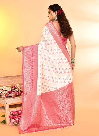 Pink and White Patch Border, Plain and Weaving Work Silk Contemporary Sari