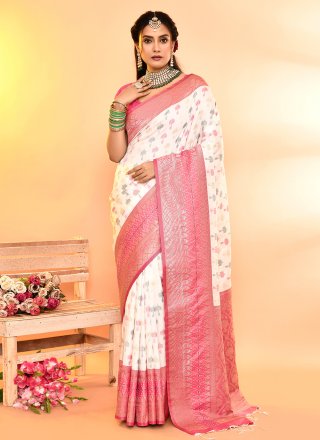 Pink and White Patch Border, Plain and Weaving Work Silk Contemporary Sari