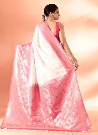 Pink and White Silk Contemporary Saree with Patch Border, Plain and Weaving Work
