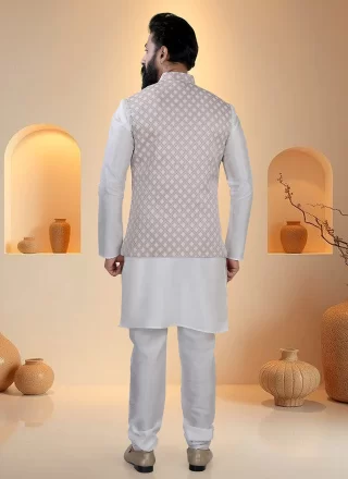 Pink and White Silk Kurta Payjama with Jacket with Sequins and Thread Work