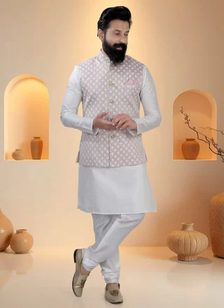 Pink and White Silk Kurta Payjama with Jacket with Sequins and Thread Work