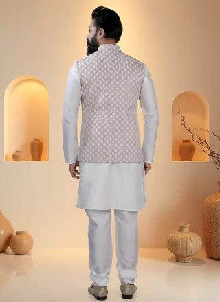 Pink and White Silk Kurta Payjama with Jacket with Sequins and Thread Work