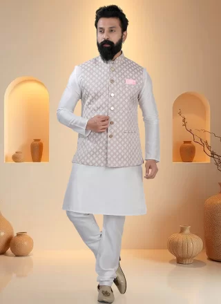Pink and White Silk Kurta Payjama with Jacket with Sequins and Thread Work
