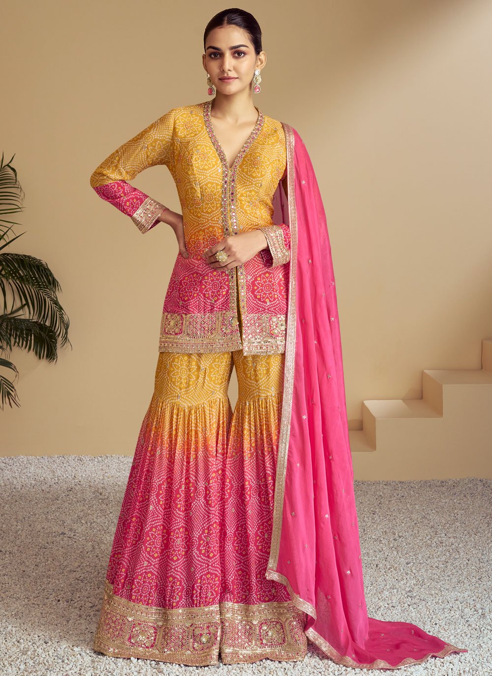 Buy Pink and Yellow Chinon Digital Print and Embroidered Work