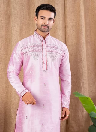 Pink Art Silk Kurta Pyjama with Buttons Work