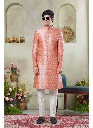 Pink Art Silk Sherwani Mens Wear with Digital Print Work