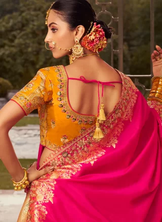 Pink Banarasi Silk A - Line Lehenga Choli with Embroidered, Sequins, Stone, Thread, Weaving and Zari Work