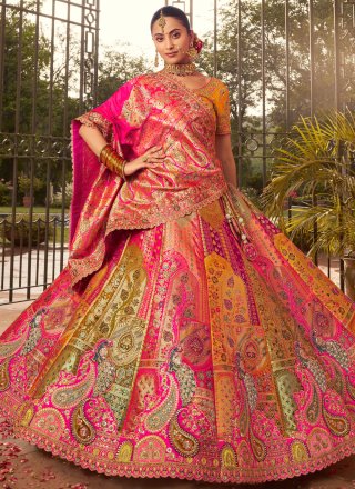 Pink Banarasi Silk A - Line Lehenga Choli with Embroidered, Sequins, Stone, Thread, Weaving and Zari Work