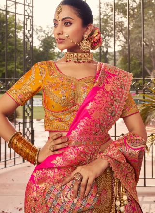 Pink Banarasi Silk A - Line Lehenga Choli with Embroidered, Sequins, Stone, Thread, Weaving and Zari Work