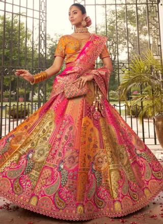Pink Banarasi Silk A - Line Lehenga Choli with Embroidered, Sequins, Stone, Thread, Weaving and Zari Work