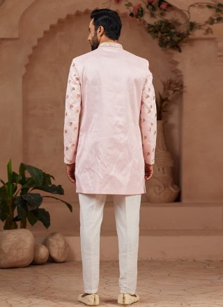 Pink Banarasi Silk Indo Western Sherwani with Hand and Machine Embroidery Work