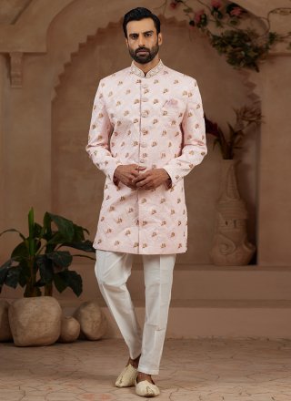 Pink Banarasi Silk Indo Western Sherwani with Hand and Machine Embroidery Work