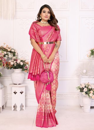 Pink Banarasi Silk Woven Work Classic Sari