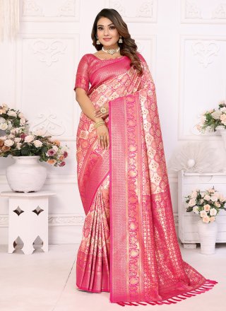 Pink Banarasi Silk Woven Work Classic Sari