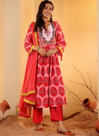Pink Blended Cotton Embroidered and Paisley Print Work Readymade Salwar Suit for Ceremonial