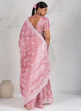 Pink Burburry Contemporary Saree with Embroidered and Thread Work
