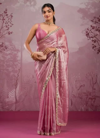 Pink Burburry Cut, Embroidered, Mirror and Zari Work Designer Saree