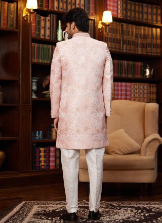 Pink Buttons and Fancy Work Jacquard Silk Indo Western