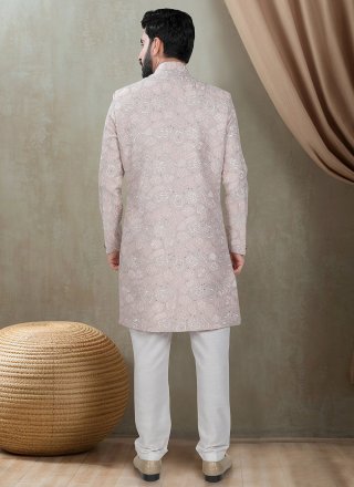 Pink Buttons and Print Work Silk Indo Western