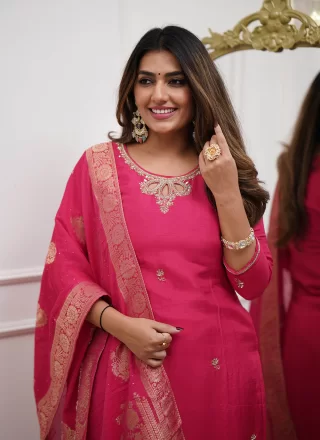 Pink Chanderi Pant Style Suit with Embroidered and Woven Work for Casual