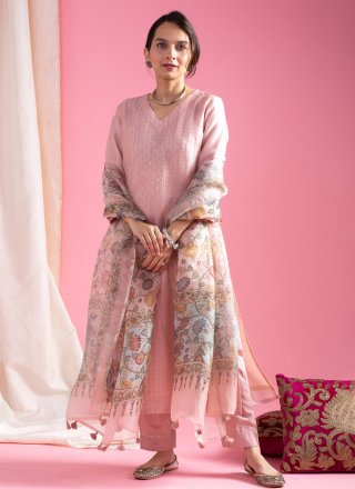 Pink Chanderi Salwar Suit with Embroidered and Print Work