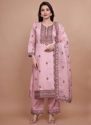 Pink Chanderi Silk Embroidered Work Readymade Salwar Suit for Ceremonial
