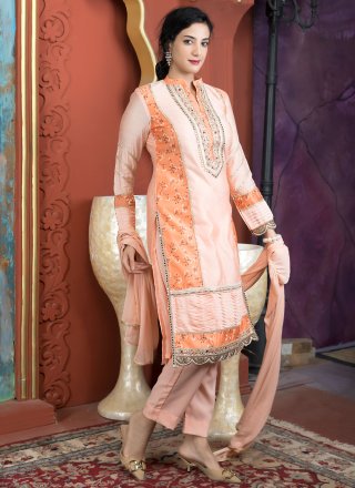 Pink Chanderi Silk Salwar Suit with Embroidered, Lace, Mirror and Print Work