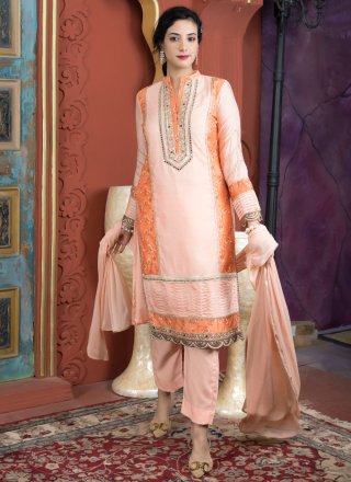 Pink Chanderi Silk Salwar Suit with Embroidered, Lace, Mirror and Print Work