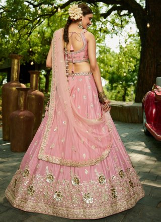 Pink Chiffon A - Line Lehenga Choli with Embroidered, Sequins and Zari Work