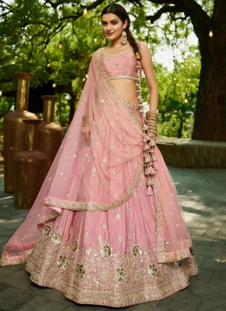Pink Chiffon A - Line Lehenga Choli with Embroidered, Sequins and Zari Work