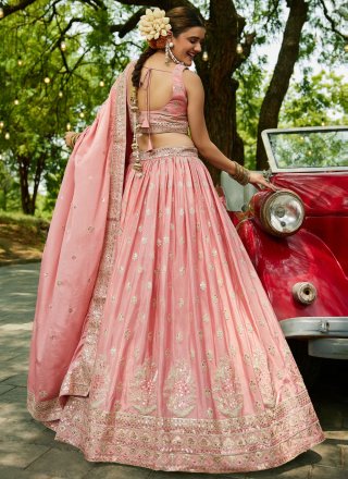 Pink Chiffon Embroidered, Sequins and Zari Work Lehenga Choli