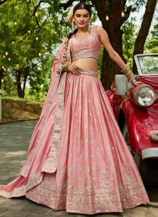 Pink Chiffon Embroidered, Sequins and Zari Work Lehenga Choli