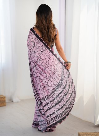 Pink Chinon Cut, Digital Print and Mirror Work Classic Saree Pink Chinon Cut, Digital Print and Mirror Work Classic Saree