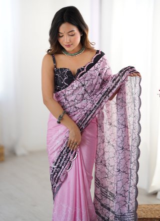Pink Chinon Cut, Digital Print and Mirror Work Classic Saree Pink Chinon Cut, Digital Print and Mirror Work Classic Saree