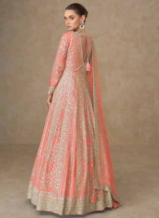Pink Chinon  Designer Gown with Embroidered, Sequins and Zari Work