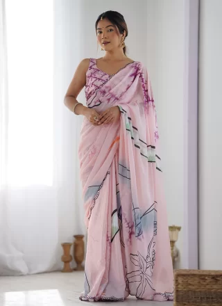 Pink Chinon Digital Print and Mirror Work Classic Sari