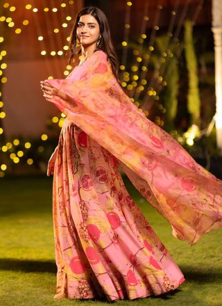 Pink Chinon Digital Print Work Readymade Lehenga Choli